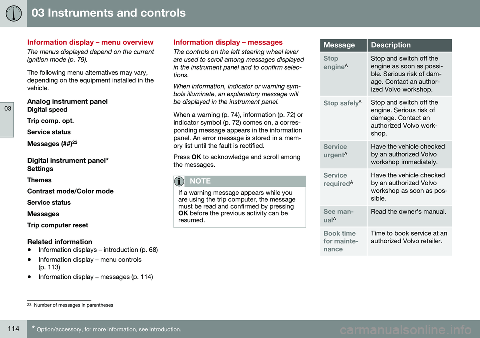 VOLVO XC60 2016  Owner´s Manual 03 Instruments and controls
03
114* Option/accessory, for more information, see Introduction.
Information display – menu overview
The menus displayed depend on the current ignition mode (p. 79). The