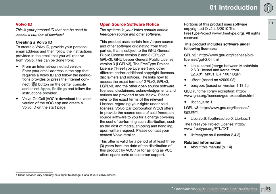 VOLVO XC60 2016  Owner´s Manual 01 Introduction
01
* Option/accessory, for more information, see Introduction.21
Volvo ID
This is your personal ID that can be used to access a number of services 1
Creating a Volvo IDTo create a Volv