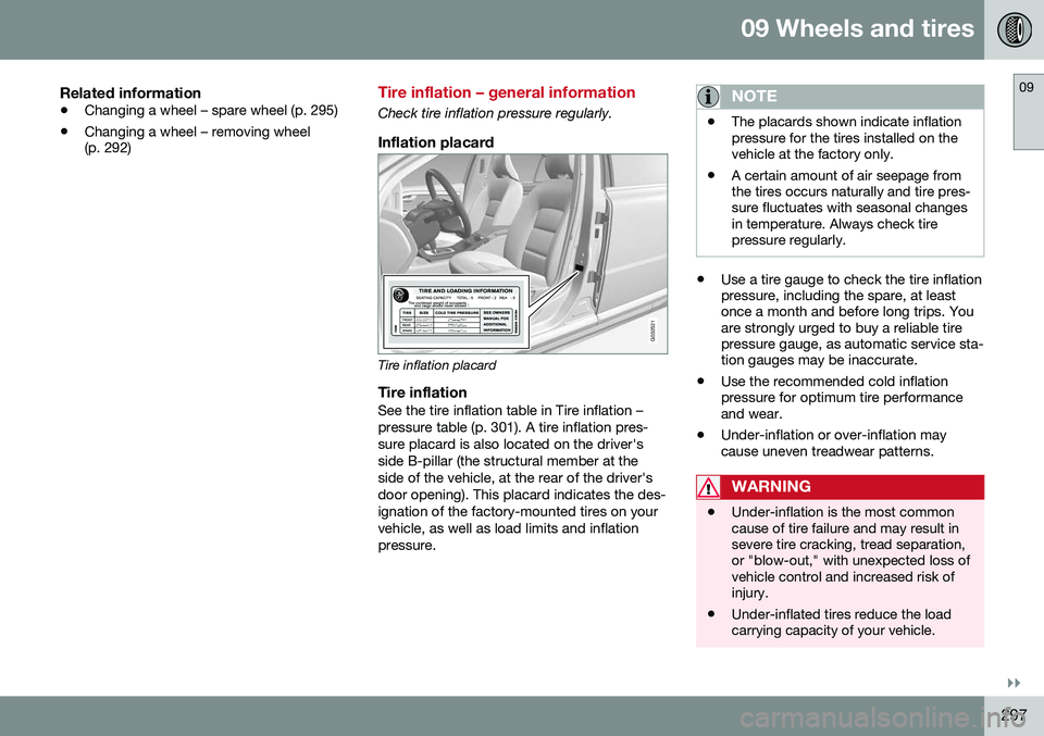 VOLVO XC60 2016  Owner´s Manual 09 Wheels and tires
09
}}
297
Related information
•Changing a wheel – spare wheel (p. 295)
• Changing a wheel – removing wheel (p. 292)
Tire inflation – general information
Check tire inflat