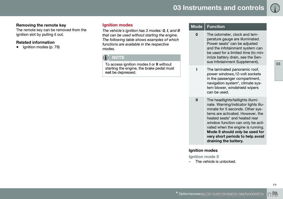 VOLVO XC60 2016  Owner´s Manual 03 Instruments and controls
03
}}
* Option/accessory, for more information, see Introduction.79
Removing the remote keyThe remote key can be removed from the ignition slot by pulling it out.
Related i