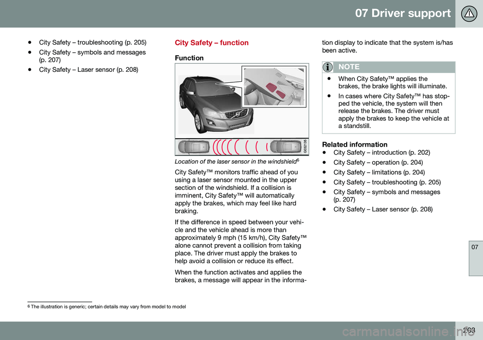 VOLVO XC70 2016  Owner´s Manual 07 Driver support
07
203
•
City Safety – troubleshooting (p. 205)
• City Safety – symbols and messages (p. 207)
• City Safety – Laser sensor (p. 208)
City Safety – function
Function
Loca
