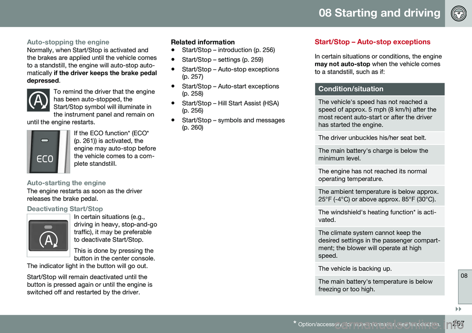 VOLVO XC70 2016 Owner´s Manual 08 Starting and driving
08
}}
* Option/accessory, for more information, see Introduction.257
Auto-stopping the engineNormally, when Start/Stop is activated and the brakes are applied until the vehicle VOLVO XC70 2016 Owner´s Manual 08 Starting and driving
08
}}
* Option/accessory, for more information, see Introduction.257
Auto-stopping the engineNormally, when Start/Stop is activated and the brakes are applied until the vehicle