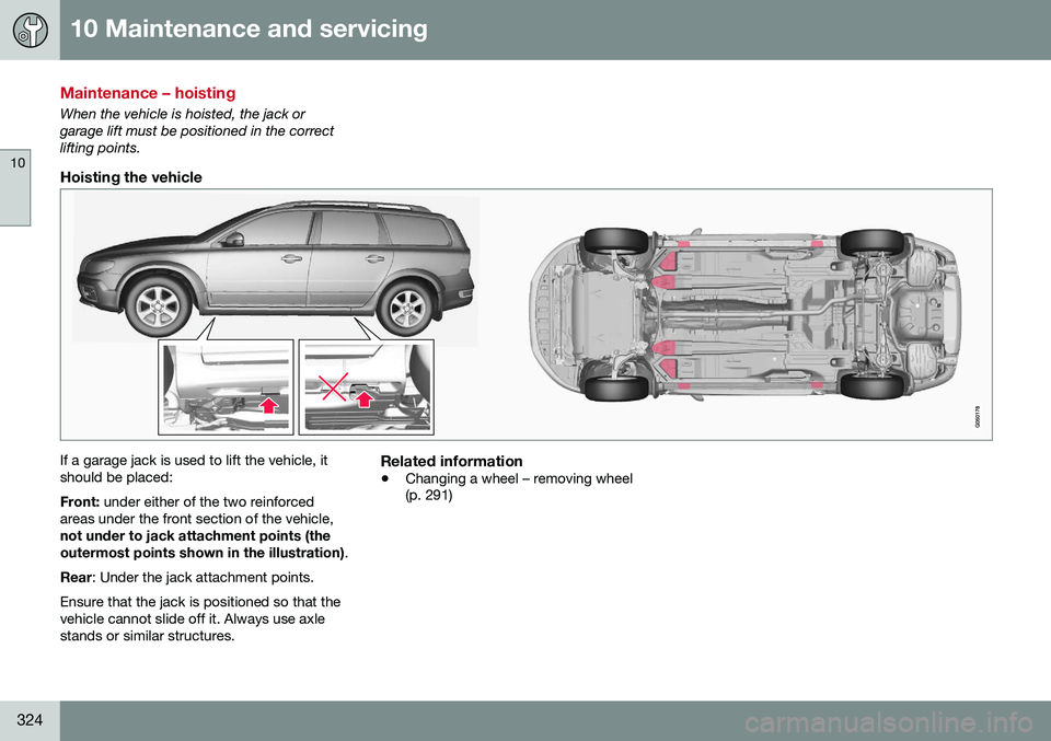 VOLVO XC70 2016  Owner´s Manual 10 Maintenance and servicing
10
324
Maintenance – hoisting
When the vehicle is hoisted, the jack or garage lift must be positioned in the correctlifting points.
Hoisting the vehicle
If a garage jack