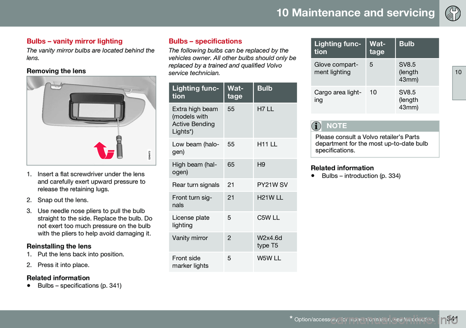 VOLVO XC70 2016  Owner´s Manual 10 Maintenance and servicing
10
* Option/accessory, for more information, see Introduction.341
Bulbs – vanity mirror lighting
The vanity mirror bulbs are located behind the lens.
Removing the lens
1