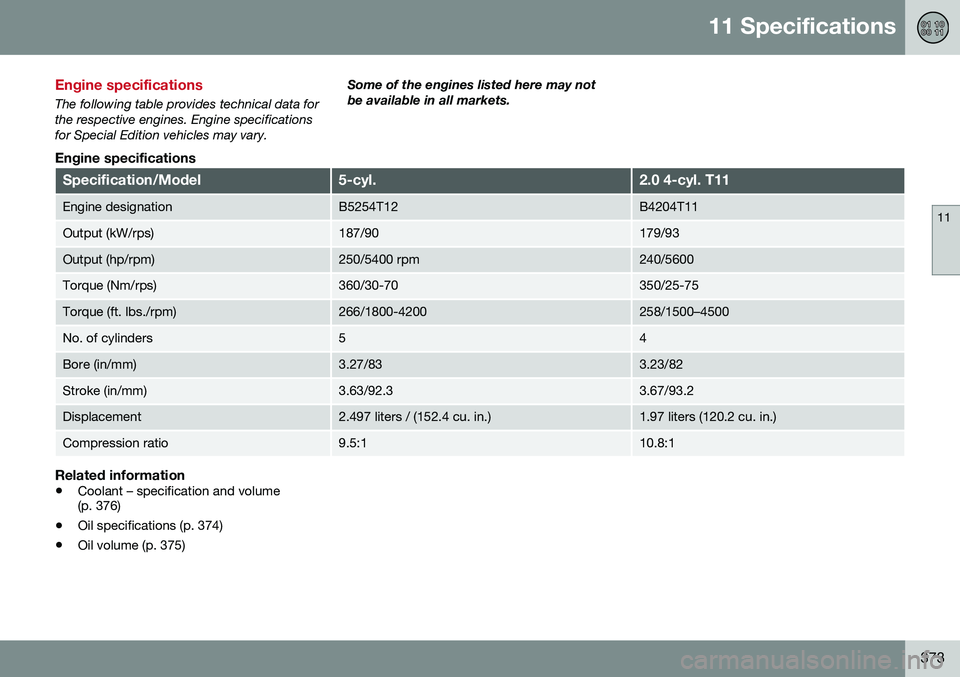 VOLVO XC70 2016  Owner´s Manual 11 Specifications
11
373
Engine specifications
The following table provides technical data for the respective engines. Engine specificationsfor Special Edition vehicles may vary.Some of the engines li