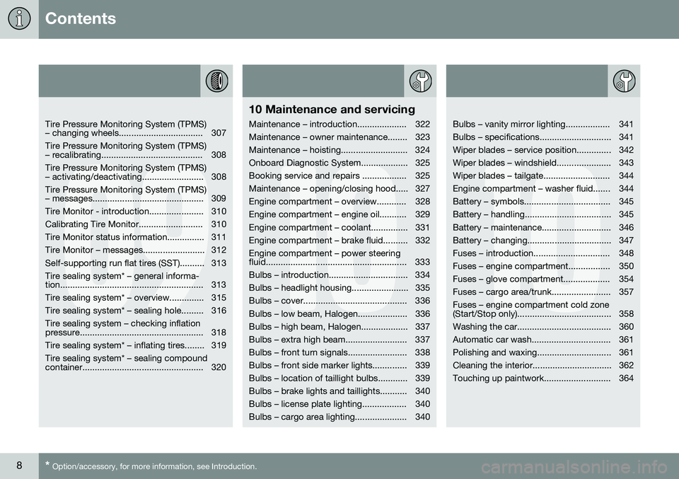 VOLVO XC70 2016  Owner´s Manual Contents
8* Option/accessory, for more information, see Introduction.
09
   
Tire Pressure Monitoring System (TPMS) 
– changing wheels.................................. 307 Tire Pressure Monitoring 