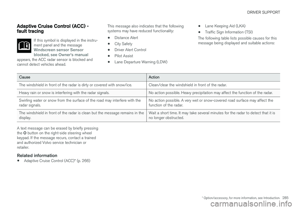 VOLVO XC90 T8 2016  Owner´s Manual DRIVER SUPPORT
* Option/accessory, for more information, see Introduction.285
Adaptive Cruise Control (ACC) - fault tracing
If this symbol is displayed in the instru- ment panel and the message
Windsc