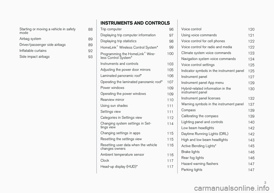 VOLVO XC90 T8 2016  Owner´s Manual 3
 
Starting or moving a vehicle in safety mode88
Airbag system 89
Driver/passenger side airbags 89
Inflatable curtains 92
Side impact airbags 93
INSTRUMENTS AND CONTROLS
Trip computer96
Displaying tr