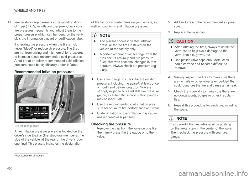 VOLVO XC90 T8 2016  Owner´s Manual ||
WHEELS AND TIRES
452temperature drop causes a corresponding drop of 1 psi (7 kPa) in inflation pressure. Check yourtire pressures frequently and adjust them to theproper pressure, which can be foun