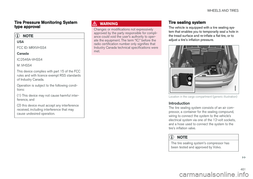VOLVO XC90 T8 2016  Owner´s Manual WHEELS AND TIRES
}}
461
Tire Pressure Monitoring System type approval
NOTE
USA FCC ID: MRXVHSS4 Canada IC:2546A-VHSS4 M :VHSS4This device complies with part 15 of the FCC rules and with licence exempt