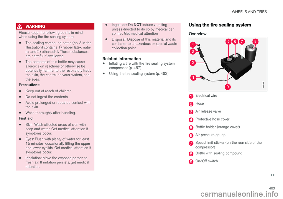 VOLVO XC90 T8 2016  Owner´s Manual WHEELS AND TIRES
}}
463
WARNING
Please keep the following points in mind when using the tire sealing system:
• The sealing compound bottle (no. 8 in the illustration) contains 1) rubber latex, natu-