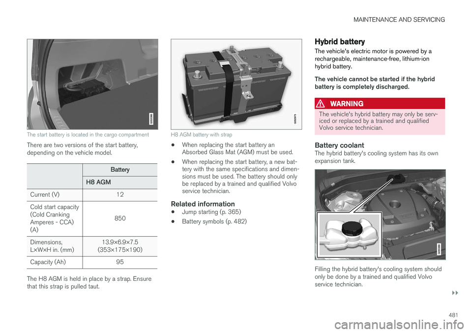 VOLVO XC90 T8 2016  Owner´s Manual MAINTENANCE AND SERVICING
}}
481
The start battery is located in the cargo compartment
There are two versions of the start battery, depending on the vehicle model.
Battery
H8 AGM
Current (V)12
Cold st