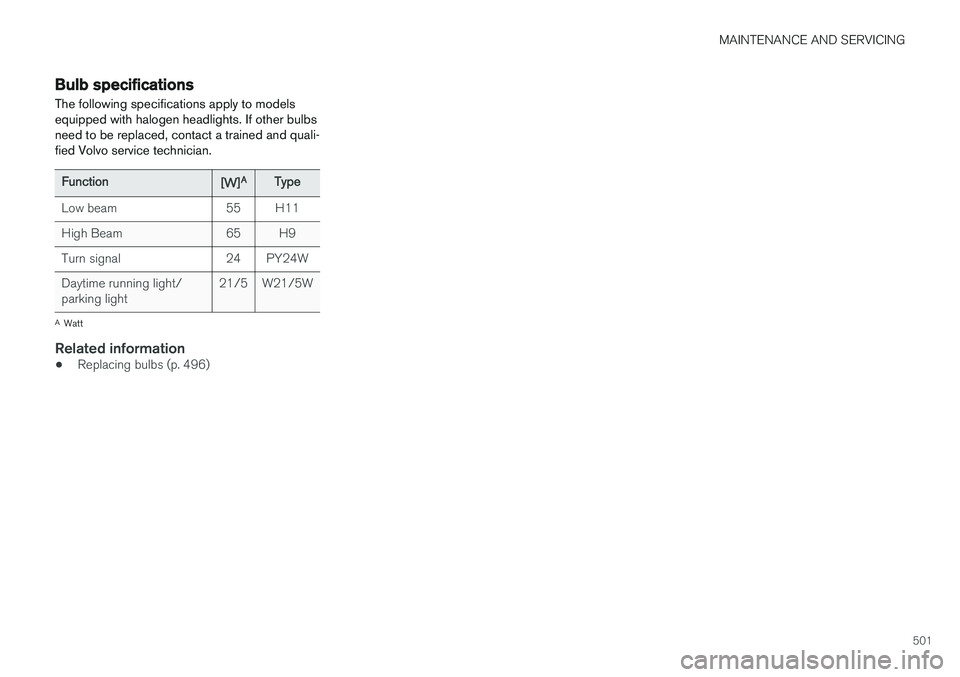 VOLVO XC90 T8 2016 Owner´s Manual MAINTENANCE AND SERVICING
501
Bulb specifications The following specifications apply to models equipped with halogen headlights. If other bulbsneed to be replaced, contact a trained and quali-fied Vol VOLVO XC90 T8 2016 Owner´s Manual MAINTENANCE AND SERVICING
501
Bulb specifications The following specifications apply to models equipped with halogen headlights. If other bulbsneed to be replaced, contact a trained and quali-fied Vol