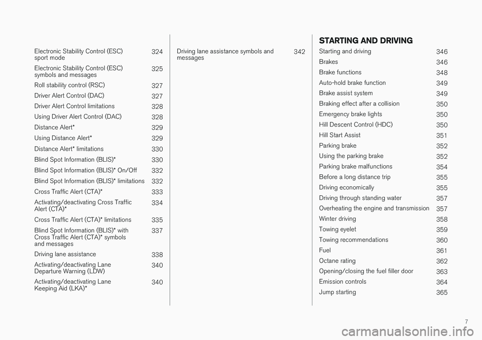 VOLVO XC90 T8 2016  Owner´s Manual 7
 
Electronic Stability Control (ESC) sport mode324
Electronic Stability Control (ESC)symbols and messages 325
Roll stability control (RSC) 327
Driver Alert Control (DAC) 327
Driver Alert Control lim