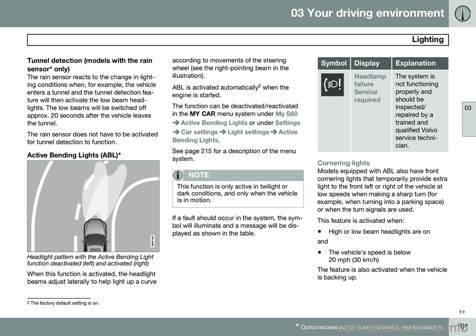 VOLVO S60 2015 Owner´s Manual 03 Your driving environment
Lighting
03
}}
* Option/accessory, for more information, see Introduction.101
Tunnel detection (models with the rain sensor* only)
The rain sensor reacts to the change in VOLVO S60 2015 Owner´s Manual 03 Your driving environment
Lighting
03
}}
* Option/accessory, for more information, see Introduction.101
Tunnel detection (models with the rain sensor* only)
The rain sensor reacts to the change in