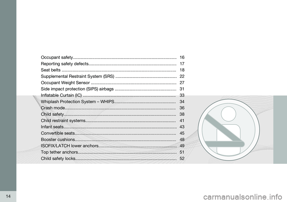 VOLVO S60 2015 Owner´s Manual 14
Occupant safety...................................................................................... 16
Reporting safety defects................................................................... VOLVO S60 2015 Owner´s Manual 14
Occupant safety...................................................................................... 16
Reporting safety defects...................................................................