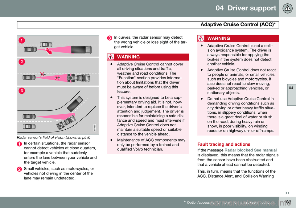 VOLVO S60 2015 Owner´s Manual 04 Driver support
Adaptive Cruise Control (ACC)*
04
}}
* Option/accessory, for more information, see Introduction.163
Radar sensor's field of vision (shown in pink)
In certain situations, the ra VOLVO S60 2015 Owner´s Manual 04 Driver support
Adaptive Cruise Control (ACC)*
04
}}
* Option/accessory, for more information, see Introduction.163
Radar sensor's field of vision (shown in pink)
In certain situations, the ra