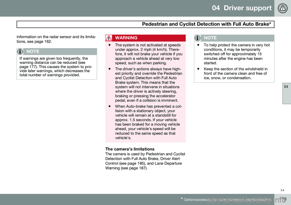 VOLVO S60 2015 Owner´s Manual 04 Driver support
Pedestrian and Cyclist Detection with Full Auto Brake*
04
}}
* Option/accessory, for more information, see Introduction.179
information on the radar sensor and its limita- tions, s VOLVO S60 2015 Owner´s Manual 04 Driver support
Pedestrian and Cyclist Detection with Full Auto Brake*
04
}}
* Option/accessory, for more information, see Introduction.179
information on the radar sensor and its limita- tions, s