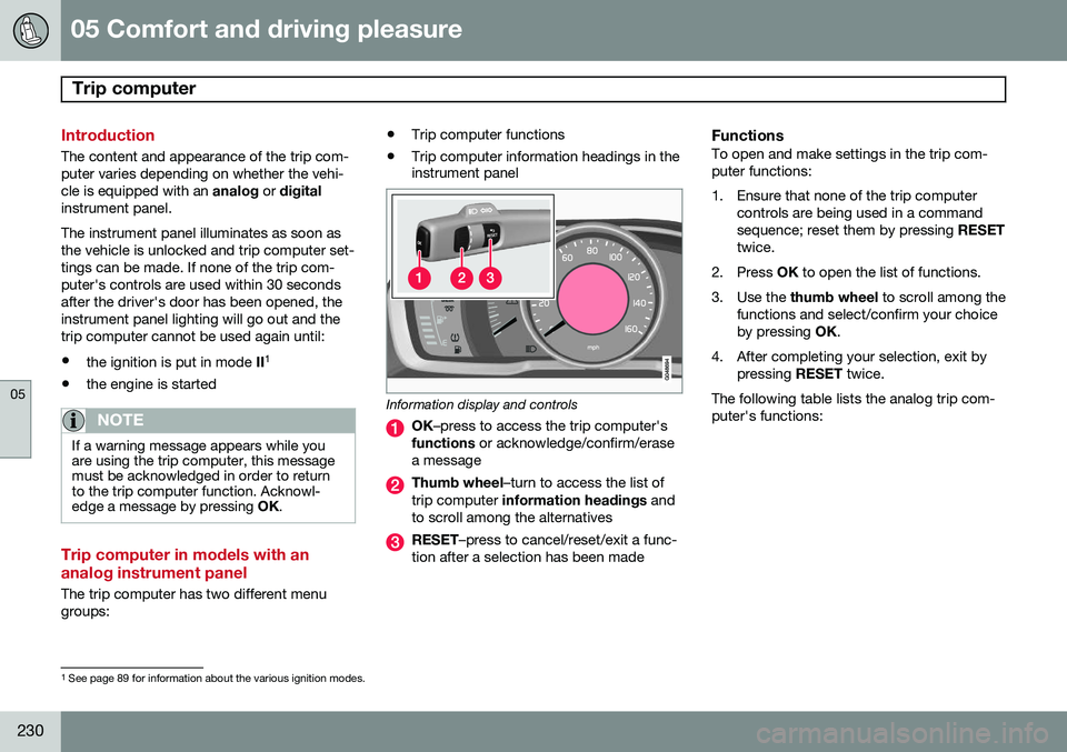 VOLVO S60 2015 Owner´s Manual 05 Comfort and driving pleasure
Trip computer
05
230
Introduction
The content and appearance of the trip com- puter varies depending on whether the vehi-cle is equipped with an analog or digital
inst VOLVO S60 2015 Owner´s Manual 05 Comfort and driving pleasure
Trip computer
05
230
Introduction
The content and appearance of the trip com- puter varies depending on whether the vehi-cle is equipped with an analog or digital
inst
