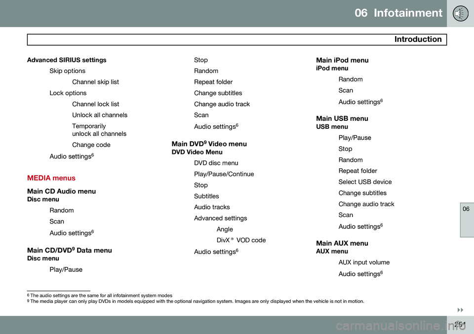 VOLVO S60 2015 Owner´s Manual 06 Infotainment
Introduction
06
}}
251
Advanced SIRIUS settings
Skip optionsChannel skip list
Lock options Channel lock list Unlock all channelsTemporarily unlock all channels Change code
Audio sett VOLVO S60 2015 Owner´s Manual 06 Infotainment
Introduction
06
}}
251
Advanced SIRIUS settings
Skip optionsChannel skip list
Lock options Channel lock list Unlock all channelsTemporarily unlock all channels Change code
Audio sett