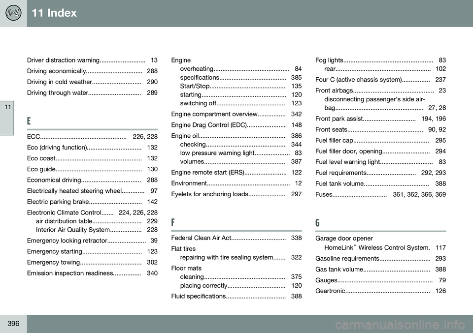 VOLVO S60 2015 Owner´s Manual 11 Index
11
396
Driver distraction warning.......................... 13
Driving economically................................ 288
Driving in cold weather............................ 290
Driving throug VOLVO S60 2015 Owner´s Manual 11 Index
11
396
Driver distraction warning.......................... 13
Driving economically................................ 288
Driving in cold weather............................ 290
Driving throug