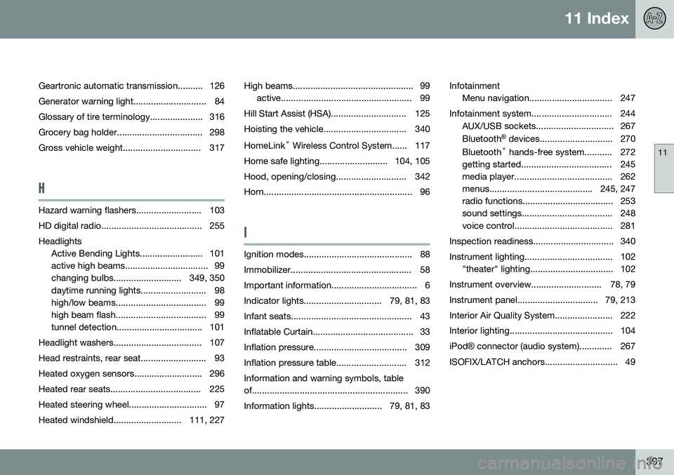 VOLVO S60 2015 Owner´s Manual 11 Index
11
397
Geartronic automatic transmission.......... 126
Generator warning light............................. 84
Glossary of tire terminology..................... 316
Grocery bag holder....... VOLVO S60 2015 Owner´s Manual 11 Index
11
397
Geartronic automatic transmission.......... 126
Generator warning light............................. 84
Glossary of tire terminology..................... 316
Grocery bag holder.......