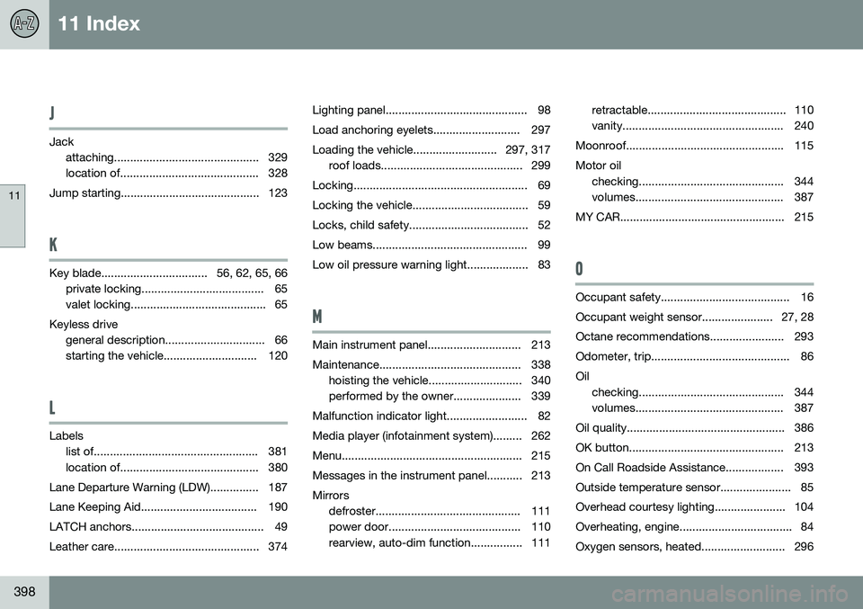 VOLVO S60 2015 Owner´s Manual 11 Index
11
398
J
Jackattaching............................................. 329
location of........................................... 328
Jump starting........................................... 12 VOLVO S60 2015 Owner´s Manual 11 Index
11
398
J
Jackattaching............................................. 329
location of........................................... 328
Jump starting........................................... 12