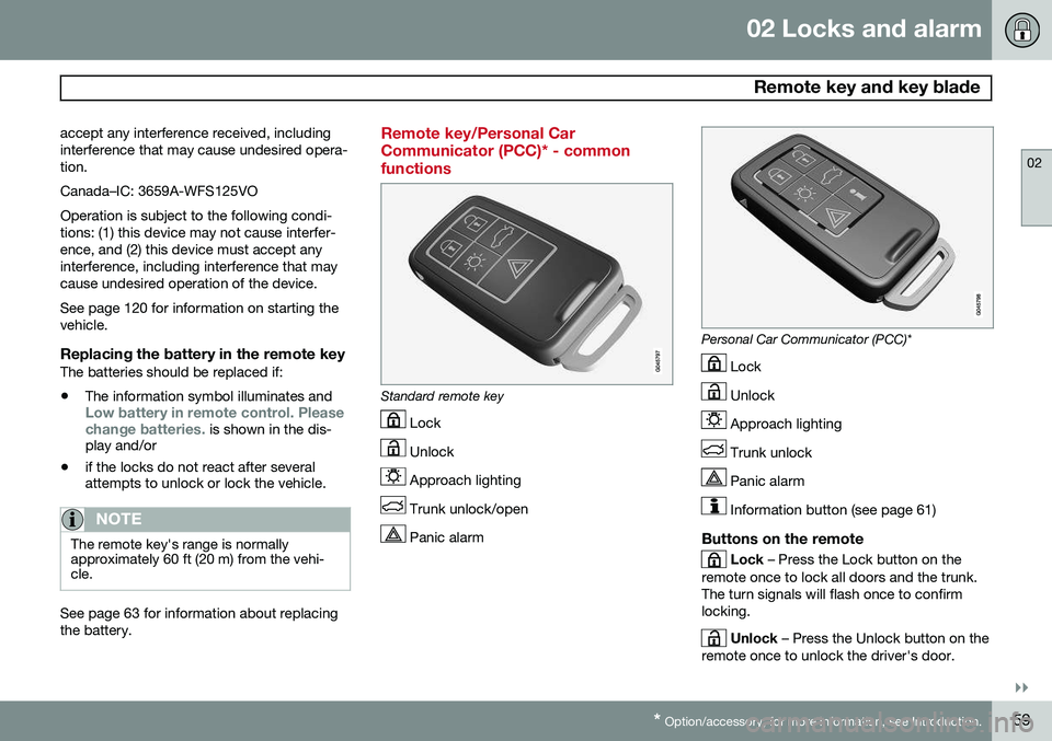 VOLVO S60 2015 Owner´s Manual 02 Locks and alarm
Remote key and key blade
02
}}
* Option/accessory, for more information, see Introduction.59
accept any interference received, including interference that may cause undesired opera VOLVO S60 2015 Owner´s Manual 02 Locks and alarm
Remote key and key blade
02
}}
* Option/accessory, for more information, see Introduction.59
accept any interference received, including interference that may cause undesired opera