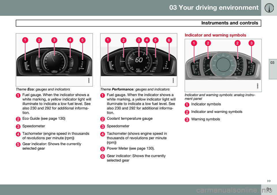 VOLVO S60 2015 Owner´s Manual 03 Your driving environment
Instruments and controls
03
}}
81
Theme Eco: gauges and indicators
Fuel gauge. When the indicator shows a white marking, a yellow indicator light willilluminate to indicat VOLVO S60 2015 Owner´s Manual 03 Your driving environment
Instruments and controls
03
}}
81
Theme Eco: gauges and indicators
Fuel gauge. When the indicator shows a white marking, a yellow indicator light willilluminate to indicat