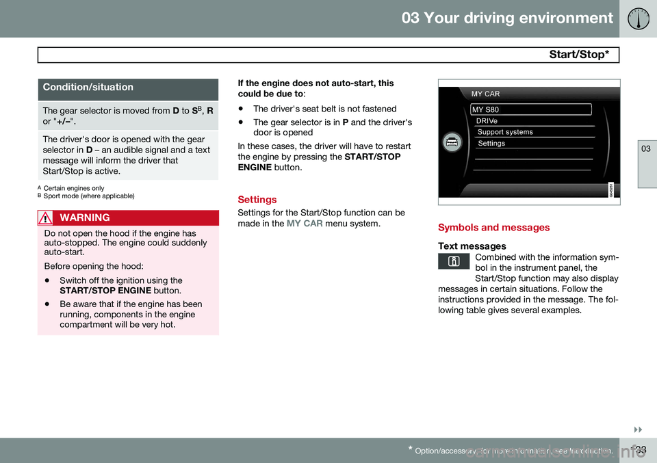 VOLVO S80 2015 Owner´s Manual 03 Your driving environment
Start/Stop*
03
}}
* Option/accessory, for more information, see Introduction.133
Condition/situation
The gear selector is moved from D to SB
, R
or " +/–".
T VOLVO S80 2015 Owner´s Manual 03 Your driving environment
Start/Stop*
03
}}
* Option/accessory, for more information, see Introduction.133
Condition/situation
The gear selector is moved from D to SB
, R
or " +/–".
T