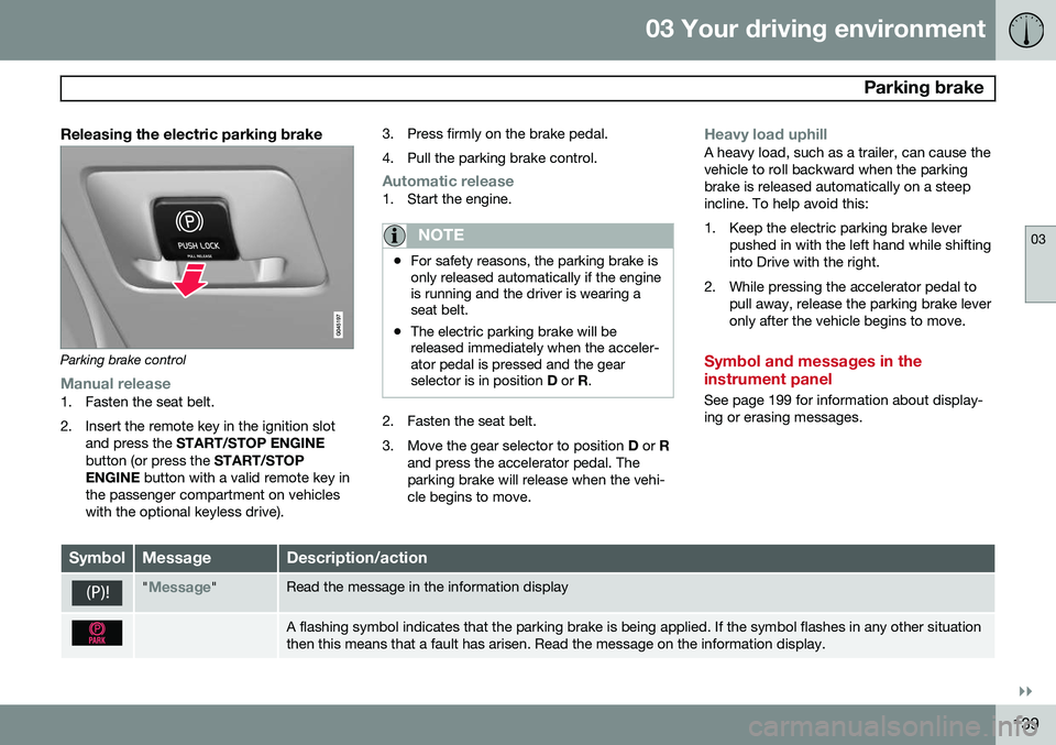 VOLVO S80 2015  Owner´s Manual 03 Your driving environment
 Parking brake
03
}}
139
Releasing the electric parking brake
Parking brake control
Manual release1. Fasten the seat belt. 
2. Insert the remote key in the ignition slotand