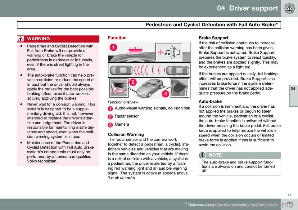 VOLVO S80 2015  Owner´s Manual 04  Driver support
 Pedestrian and Cyclist Detection with Full Auto Brake*
04
}}
* Option/accessory, for more information, see Introduction.171
WARNING
• Pedestrian and Cyclist Detection with Full A