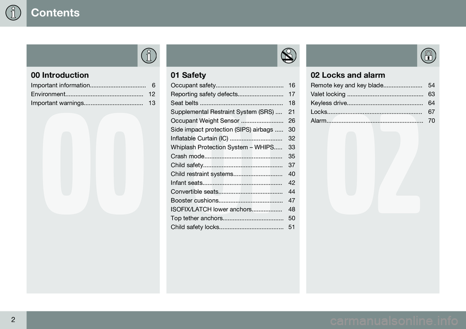 VOLVO S80 2015  Owner´s Manual Contents
2
00
00 Introduction
Important information................................. 6 
Environment.............................................. 12
Important warnings.................................