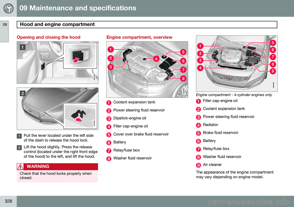 VOLVO S80 2015 Owner´s Manual 09 Maintenance and specifications
Hood and engine compartment 09
328
Opening and closing the hood
G010951
Pull the lever located under the left side of the dash to release the hood lock.
Lift the hood VOLVO S80 2015 Owner´s Manual 09 Maintenance and specifications
Hood and engine compartment 09
328
Opening and closing the hood
G010951
Pull the lever located under the left side of the dash to release the hood lock.
Lift the hood