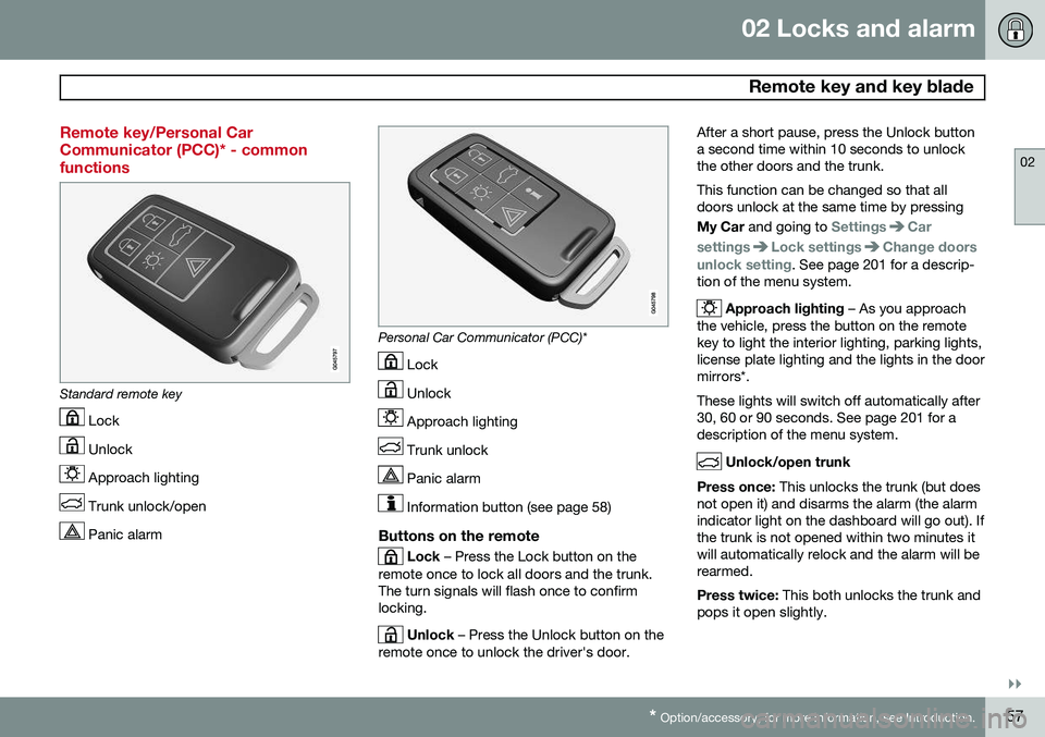 VOLVO S80 2015 Owner´s Manual 02 Locks and alarm
Remote key and key blade
02
}}
* Option/accessory, for more information, see Introduction.57
Remote key/Personal Car Communicator (PCC)* - commonfunctions
Standard remote key
Lock VOLVO S80 2015 Owner´s Manual 02 Locks and alarm
Remote key and key blade
02
}}
* Option/accessory, for more information, see Introduction.57
Remote key/Personal Car Communicator (PCC)* - commonfunctions
Standard remote key
Lock