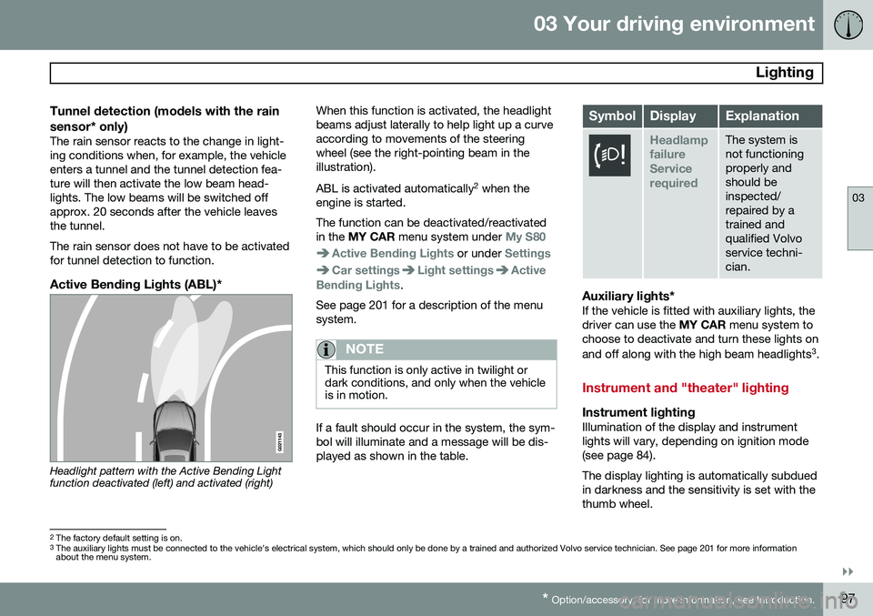 VOLVO S80 2015 Owner´s Manual 03 Your driving environment
Lighting
03
}}
* Option/accessory, for more information, see Introduction.97
Tunnel detection (models with the rain sensor* only)
The rain sensor reacts to the change in l VOLVO S80 2015 Owner´s Manual 03 Your driving environment
Lighting
03
}}
* Option/accessory, for more information, see Introduction.97
Tunnel detection (models with the rain sensor* only)
The rain sensor reacts to the change in l