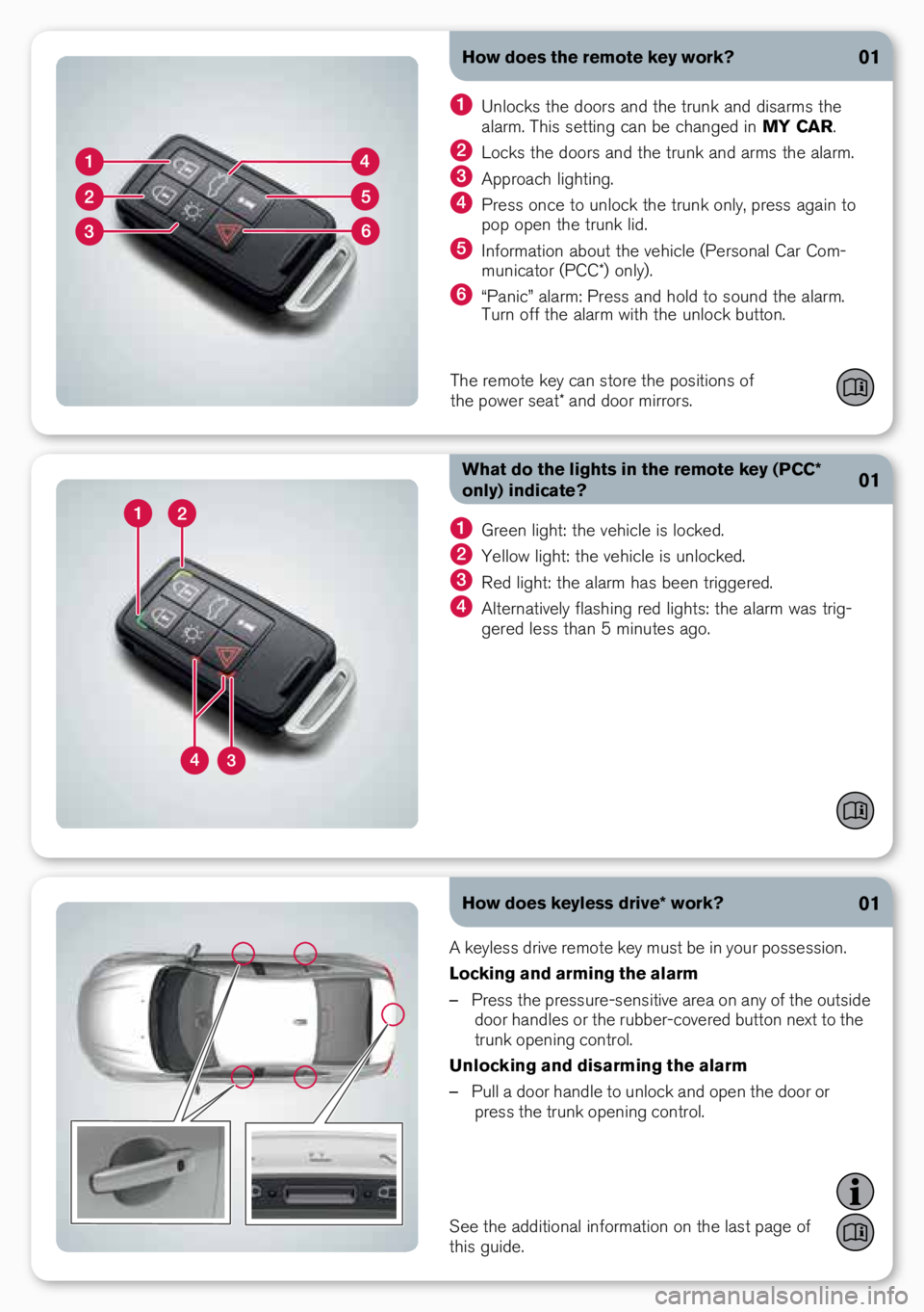 VOLVO S80 2015  Quick Guide How does the remote key work?
What do the lights in the remote key (PCC* 
only) indicate?01
01
  g\feen light: the vehicle is locked.
 Yellow light: the vehicle is unlocked.
 Red light: the ala\fm has