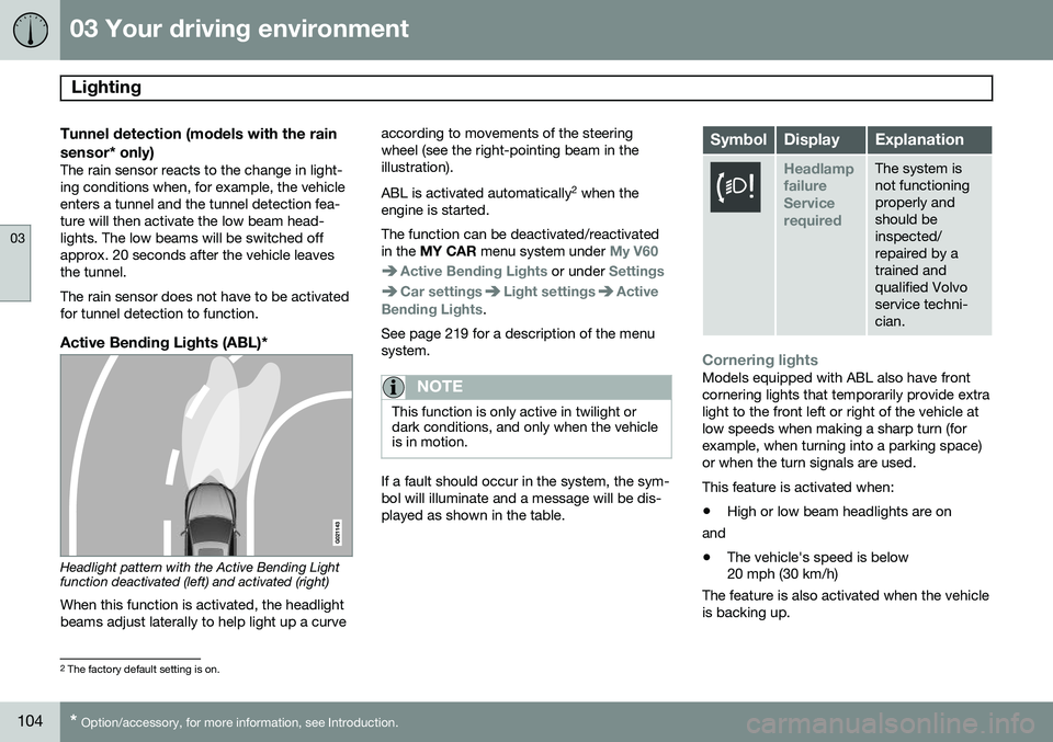 VOLVO V60 2015 Owner´s Manual 03 Your driving environment
Lighting
03
104* Option/accessory, for more information, see Introduction.
Tunnel detection (models with the rain sensor* only)
The rain sensor reacts to the change in lig VOLVO V60 2015 Owner´s Manual 03 Your driving environment
Lighting
03
104* Option/accessory, for more information, see Introduction.
Tunnel detection (models with the rain sensor* only)
The rain sensor reacts to the change in lig