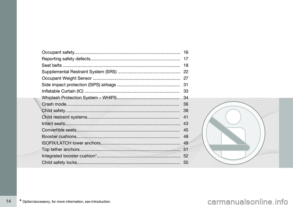 VOLVO V60 2015  Owner´s Manual 14* Option/accessory, for more information, see Introduction. Occupant safety...................................................................................... 16 
Reporting safety defects........