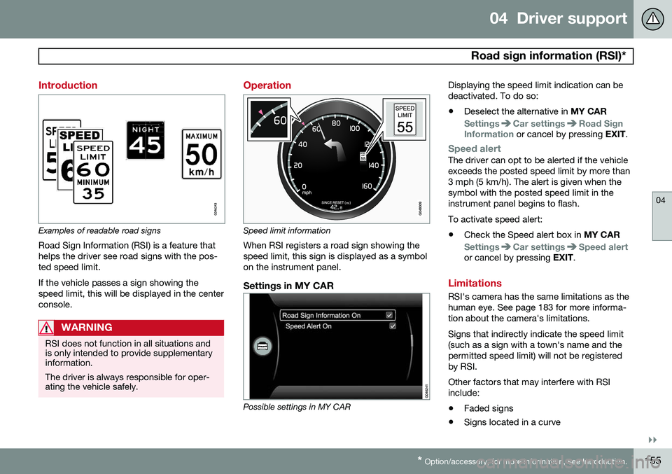 VOLVO V60 2015  Owner´s Manual 04  Driver support
 Road sign information (RSI)*
04
}}
* Option/accessory, for more information, see Introduction.155
Introduction
Examples of readable road signs Road Sign Information (RSI) is a feat