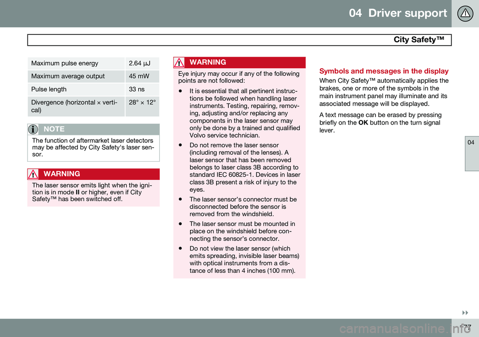 VOLVO V60 2015 Owner´s Manual 04 Driver support
City Safety™
04
}}
177
Maximum pulse energy2.64 μJ
Maximum average output45 mW
Pulse length33 ns
Divergence (horizontal × verti- cal)28° × 12°
NOTE
The function of aftermar VOLVO V60 2015 Owner´s Manual 04 Driver support
City Safety™
04
}}
177
Maximum pulse energy2.64 μJ
Maximum average output45 mW
Pulse length33 ns
Divergence (horizontal × verti- cal)28° × 12°
NOTE
The function of aftermar