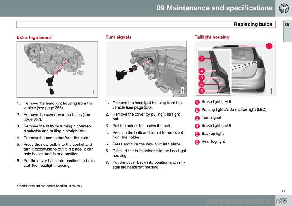 VOLVO V60 2015  Owner´s Manual 09 Maintenance and specifications
 Replacing bulbs09
}}
359
Extra high beam1
1. Remove the headlight housing from the
vehicle (see page 356).
2. Remove the cover over the bulbs (see page 357).
3. Remo