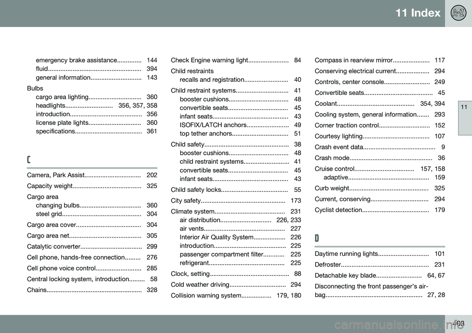 VOLVO V60 2015  Owner´s Manual 11 Index
11
403
emergency brake assistance.............. 144 
fluid..................................................... 394
general information............................. 143
Bulbs cargo area light
