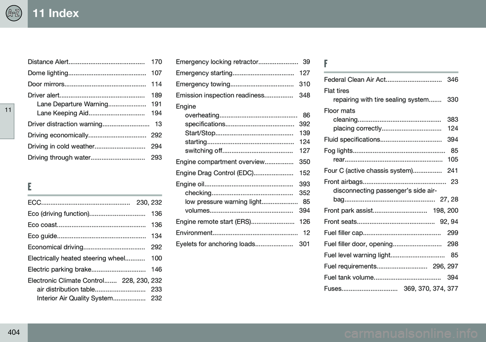 VOLVO V60 2015  Owner´s Manual 11 Index
11
404
Distance Alert.......................................... 170Dome lighting........................................... 107 
Door mirrors............................................. 114
