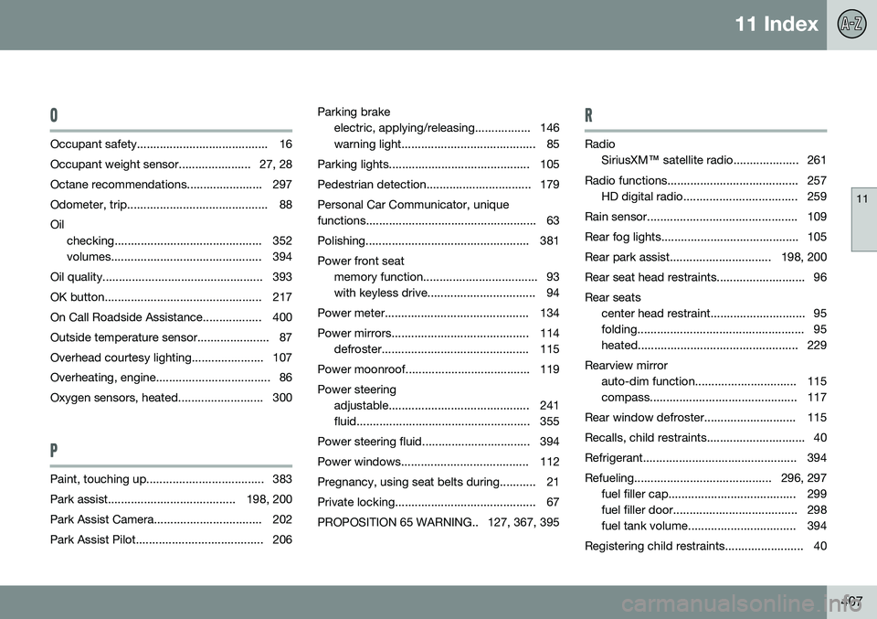 VOLVO V60 2015  Owner´s Manual 11 Index
11
407
O
Occupant safety........................................ 16 
Occupant weight sensor...................... 27, 28
Octane recommendations....................... 297
Odometer, trip......