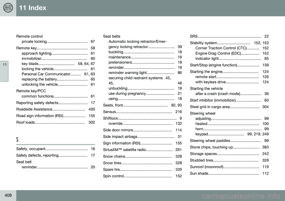 VOLVO V60 2015 Owner´s Manual 11 Index
11
408
Remote controlprivate locking...................................... 67
Remote key................................................ 58 approach lighting.................................. VOLVO V60 2015 Owner´s Manual 11 Index
11
408
Remote controlprivate locking...................................... 67
Remote key................................................ 58 approach lighting..................................
