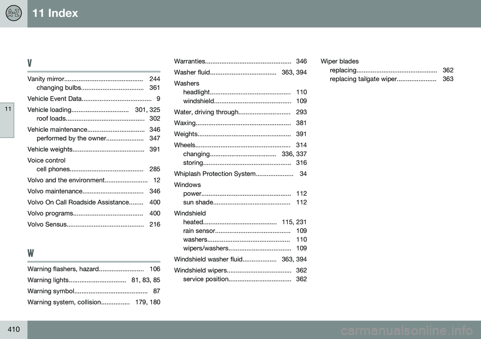 VOLVO V60 2015 Owner´s Manual 11 Index
11
410
V
Vanity mirror............................................ 244changing bulbs................................... 361
Vehicle Event Data....................................... 9
Vehicl VOLVO V60 2015 Owner´s Manual 11 Index
11
410
V
Vanity mirror............................................ 244changing bulbs................................... 361
Vehicle Event Data....................................... 9
Vehicl