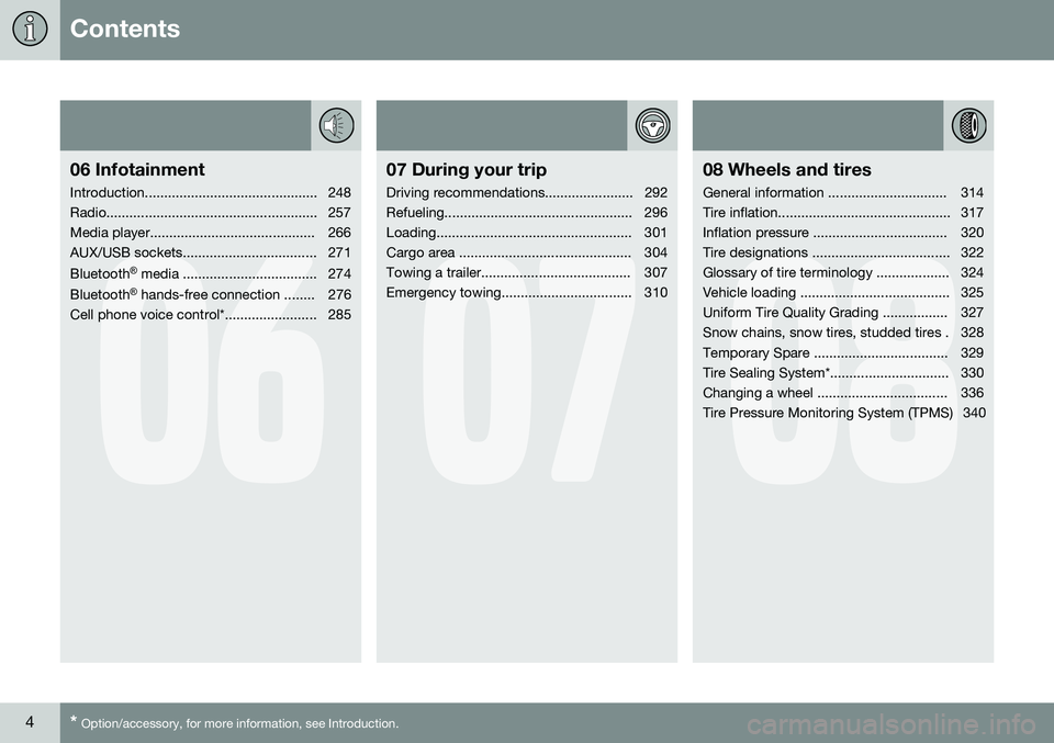 VOLVO V60 2015 Owner´s Manual Contents
4* Option/accessory, for more information, see Introduction.
06
06 Infotainment
Introduction............................................. 248
Radio........................................... VOLVO V60 2015 Owner´s Manual Contents
4* Option/accessory, for more information, see Introduction.
06
06 Infotainment
Introduction............................................. 248
Radio...........................................