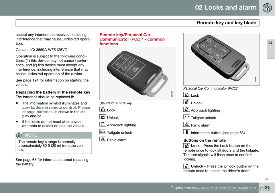 VOLVO V60 2015  Owner´s Manual 02 Locks and alarm
 Remote key and key blade
02
}}
* Option/accessory, for more information, see Introduction.61
accept any interference received, including interference that may cause undesired opera