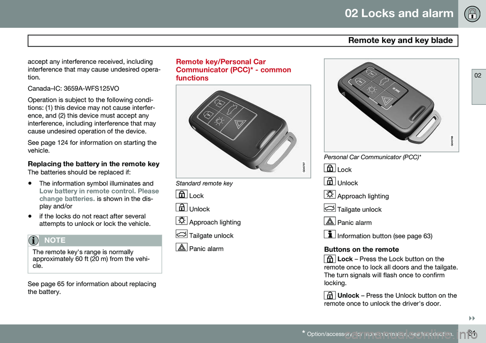 VOLVO V60 2015 Owner´s Manual 02 Locks and alarm
Remote key and key blade
02
}}
* Option/accessory, for more information, see Introduction.61
accept any interference received, including interference that may cause undesired opera VOLVO V60 2015 Owner´s Manual 02 Locks and alarm
Remote key and key blade
02
}}
* Option/accessory, for more information, see Introduction.61
accept any interference received, including interference that may cause undesired opera